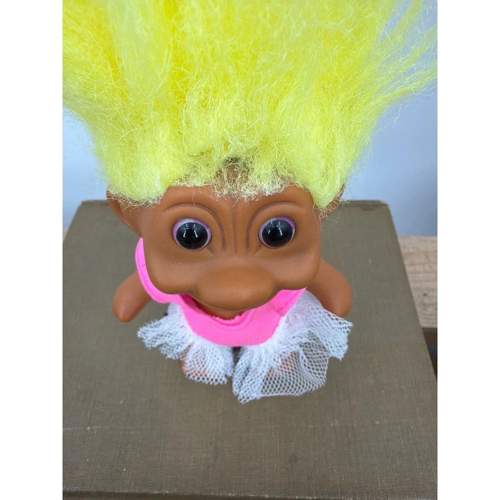 Vintage 1991 TNT Troll Doll Neon Yellow Hair Ballerina Pink Leotard Tutu 90s Toy
